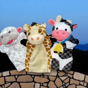 Melissa & Doug Hand Puppets Lot of 3 Plush Lamb Giraffe Cow Farm Stuffed Animal